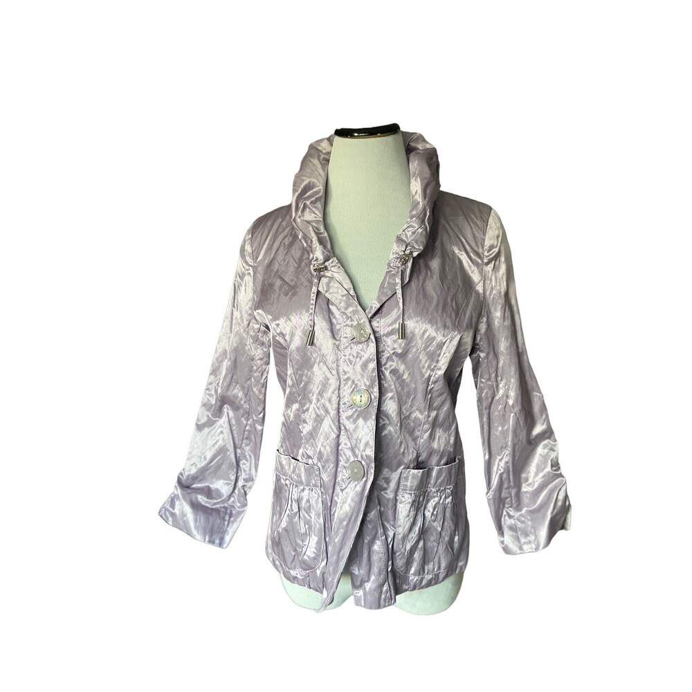 Chicos Metallic‎ Ruffle Collar Jacket Size M Lavender Shimmery Crinkle Statement